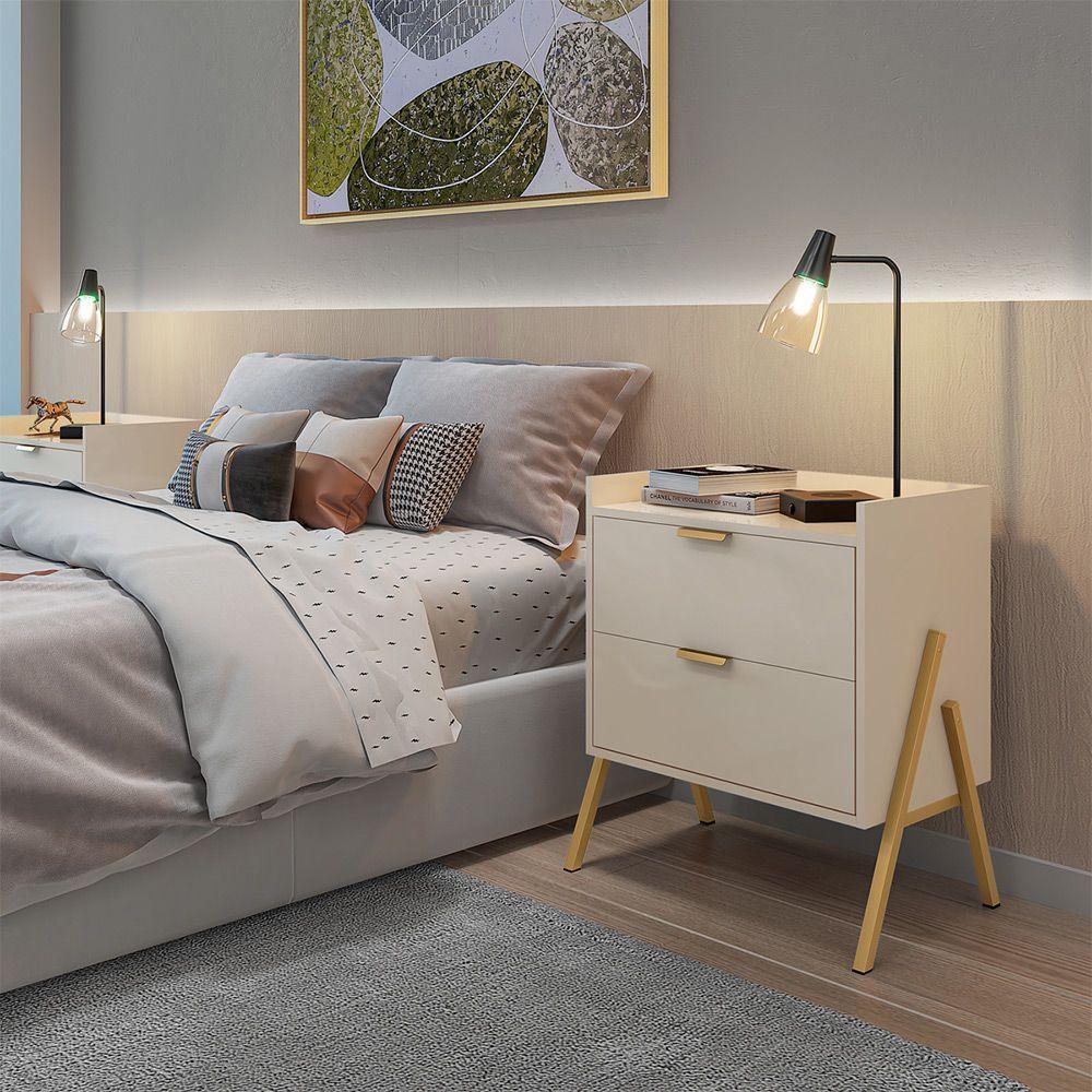 Kit 2 Mesas De Cabeceiras Retrô Com 2 Gavetas Asher 63cm - Off-white - 6