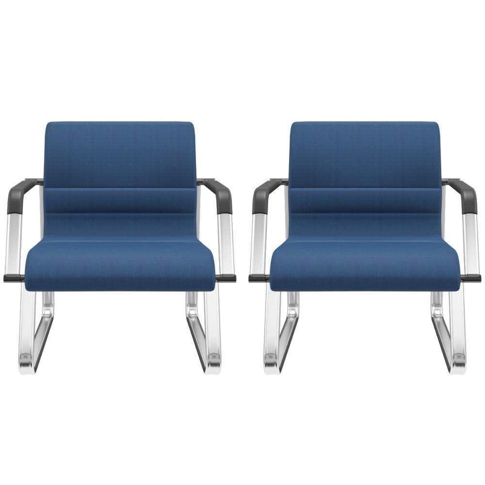 Kit 02 Cadeiras De Escritório Recepção Fixa Pés Cromado Lev P03 Crepe Azul - Lyam Decor - 1