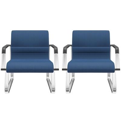 Kit 02 Cadeiras De Escritório Recepção Fixa Pés Cromado Lev P03 Crepe Azul - Lyam Decor