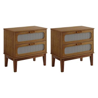 Kit 2 Mesas De Cabeceira Retrô Vintage 2 Gavetas Santorini Amêndoa 60 Cm Palhinha Indiana