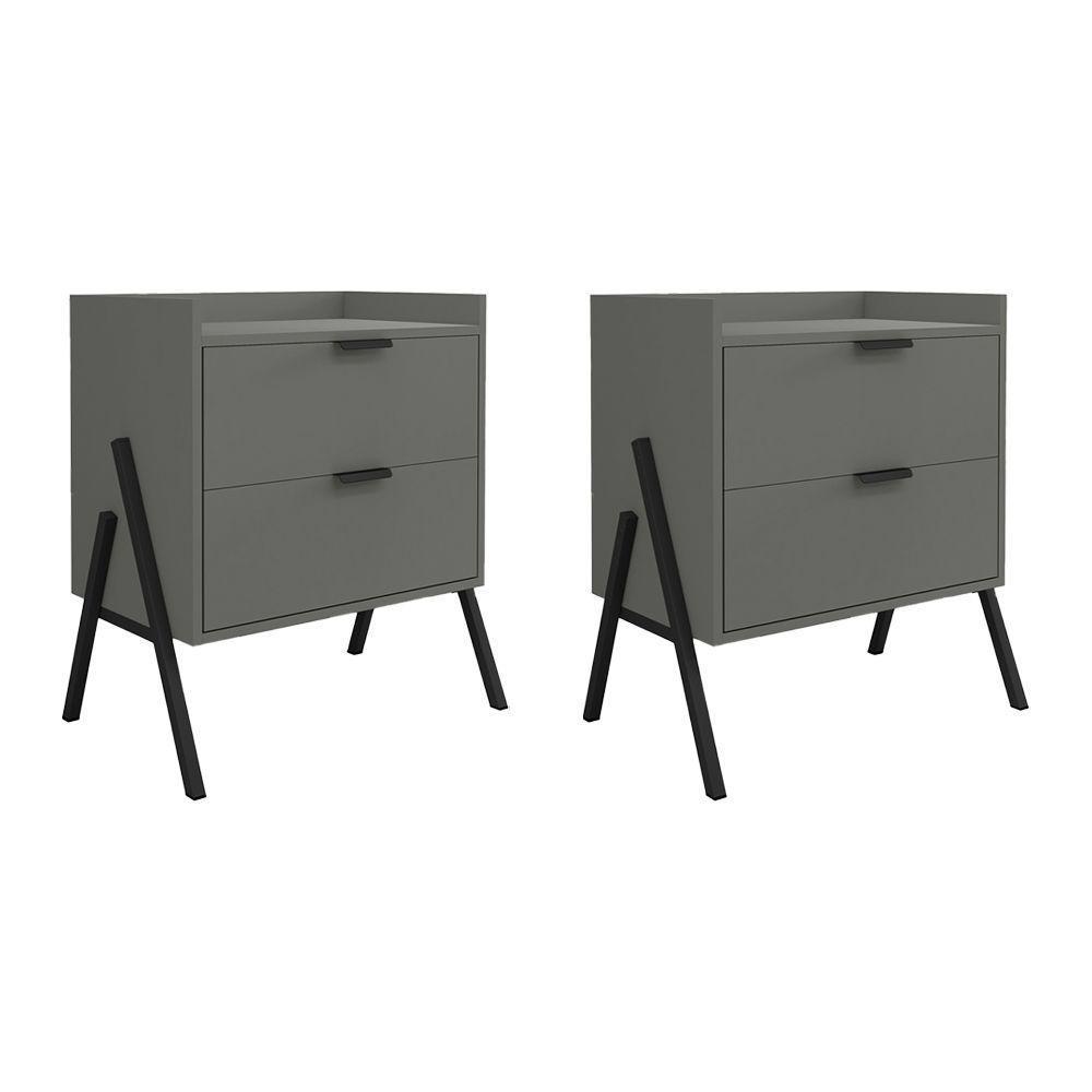 Kit 2 Mesas De Cabeceiras Retrô Com 2 Gavetas Asher 63cm - Cinza - 1