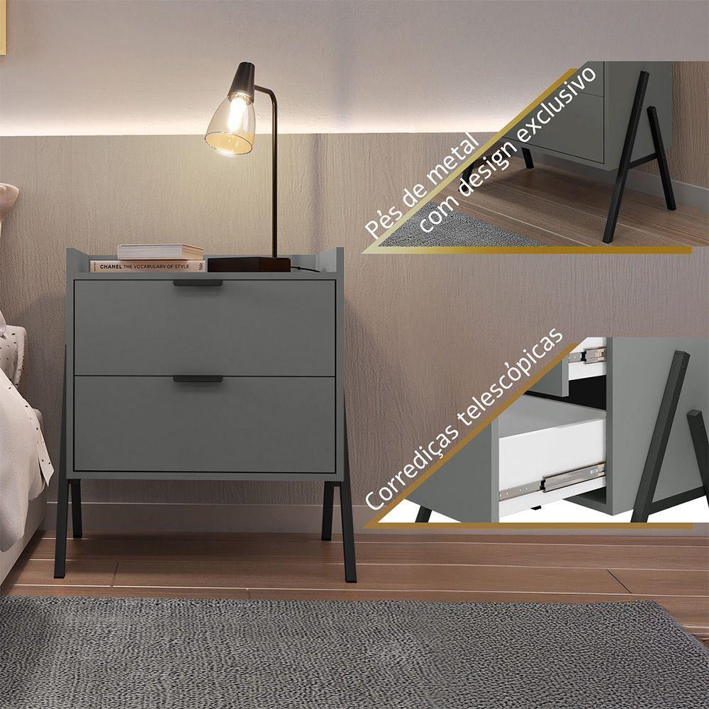 Kit 2 Mesas De Cabeceiras Retrô Com 2 Gavetas Asher 63cm - Cinza - 2