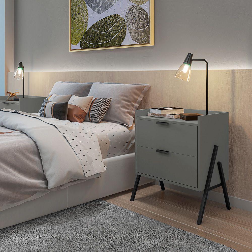 Kit 2 Mesas De Cabeceiras Retrô Com 2 Gavetas Asher 63cm - Cinza - 5