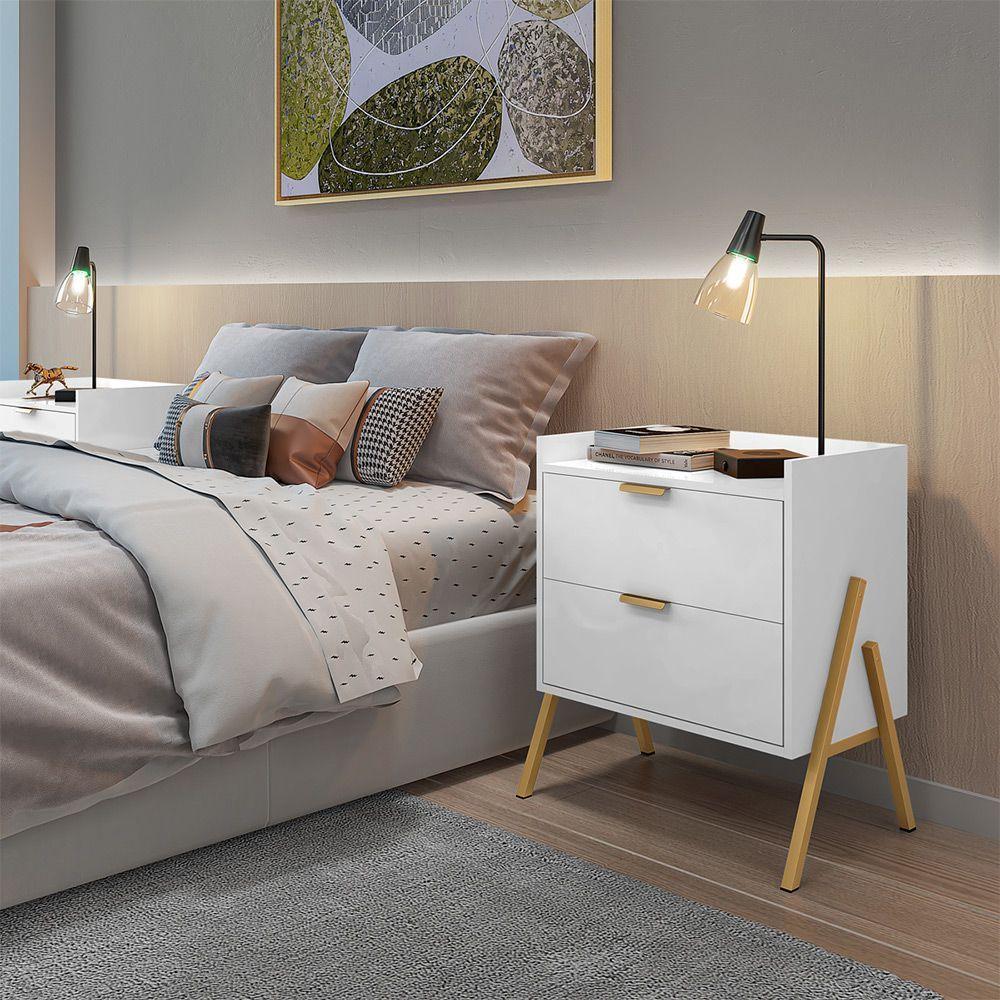 Kit 2 Mesas De Cabeceiras Retrô Com 2 Gavetas Asher 45cm - Branco - 5