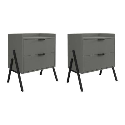 Kit 2 Mesas De Cabeceiras Retrô Com 2 Gavetas Asher 45cm - Cinza