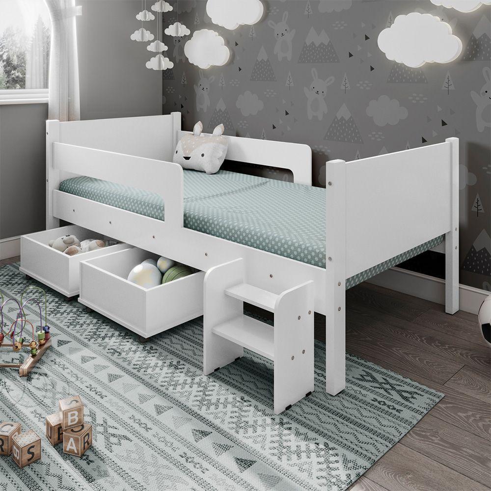 Cama Infantil Com 2 Baus Organizador E Escada Mdf Luna Plus Branco - 1