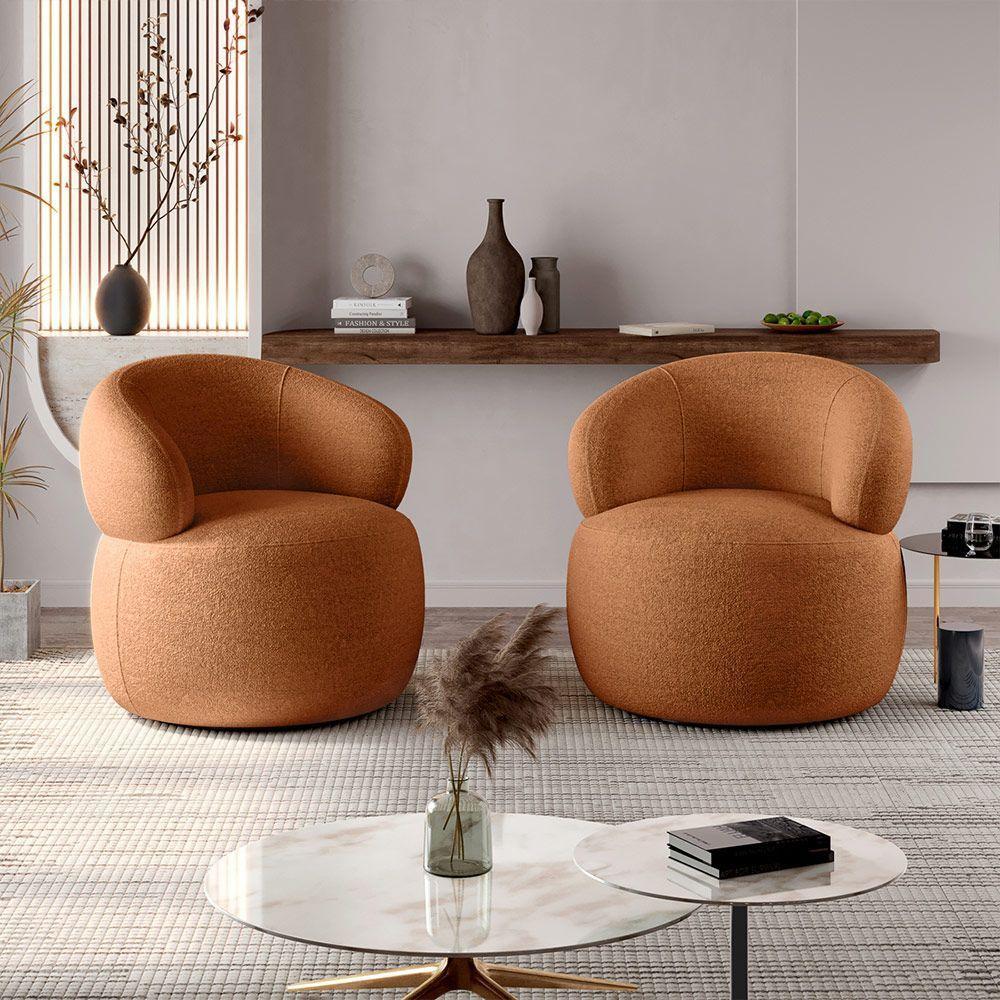 Conjunto 2 Poltronas Orgânica Atemporal Base Giratória Eloah Bouclé Italiano Terracota - 1