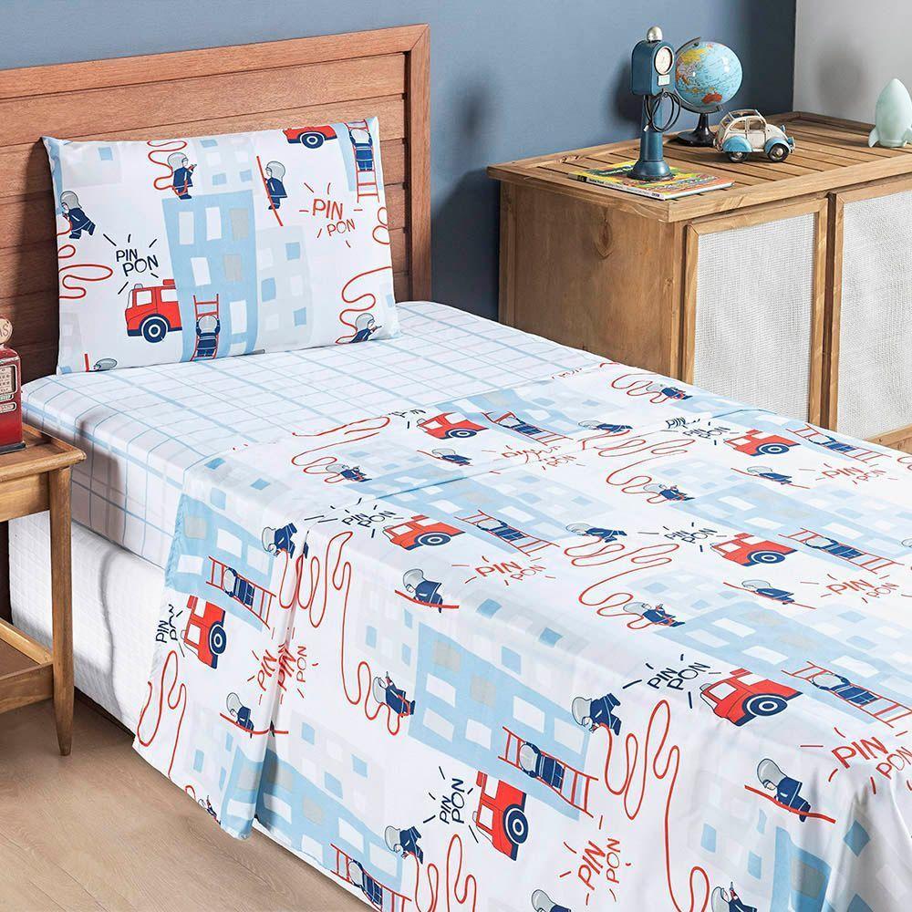 Jogo Cama Lençol Fantasy Solteiro Cama Quarto Infantil Microfibra 3 Peças Bombeiro Branco - 1