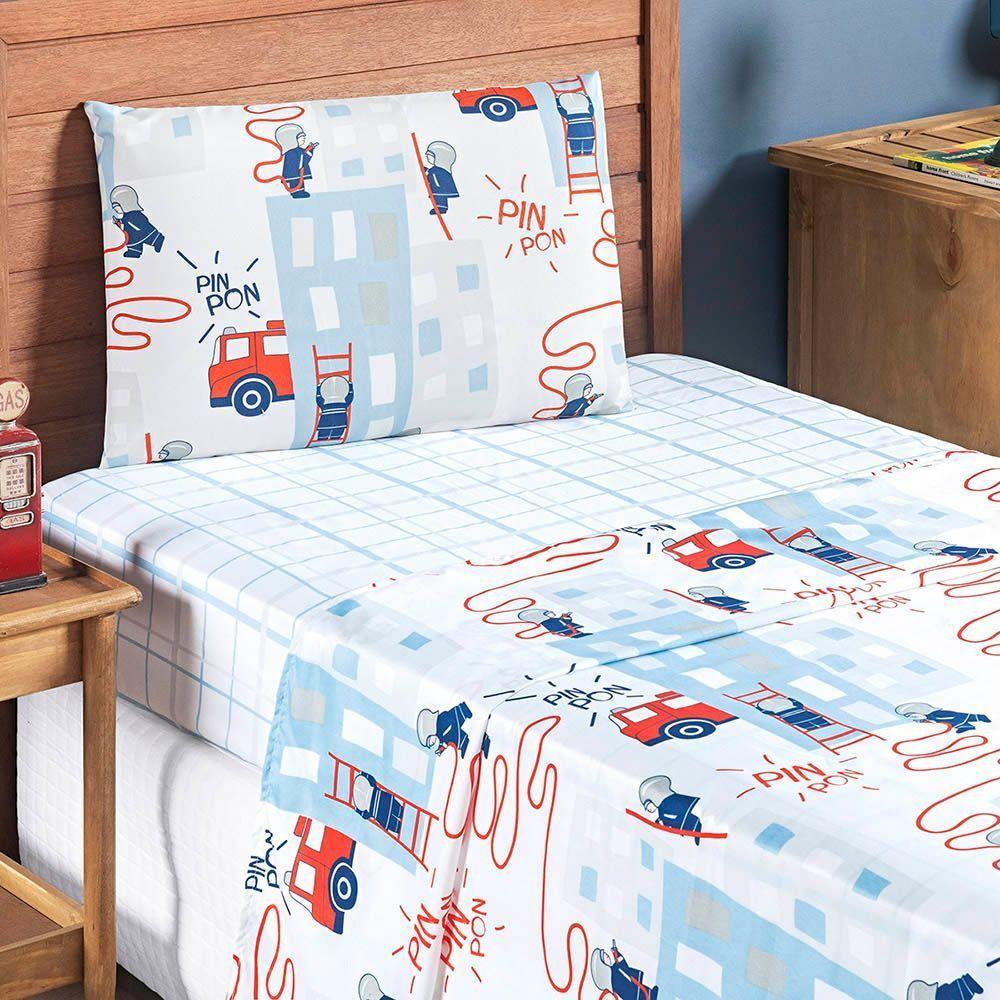 Jogo Cama Lençol Fantasy Solteiro Cama Quarto Infantil Microfibra 3 Peças Bombeiro Branco - 2