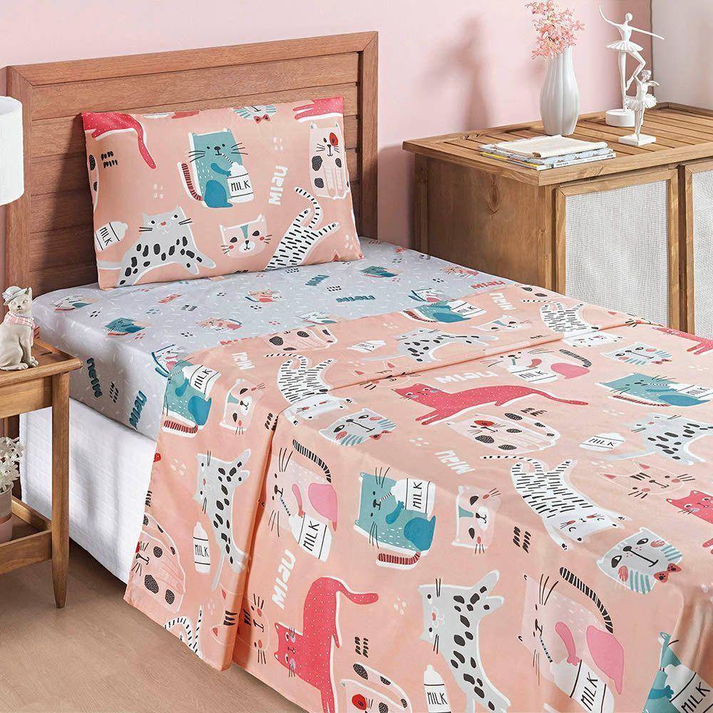 Jogo Cama Lençol Fantasy Solteiro Cama Quarto Infantil Microfibra 3 Peças Gatinha Rosê - 1