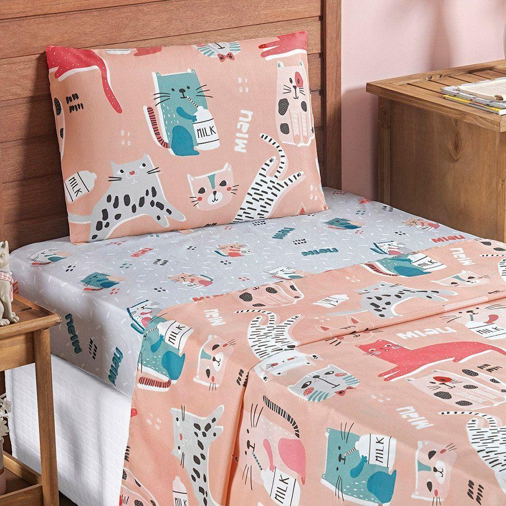 Jogo Cama Lençol Fantasy Solteiro Cama Quarto Infantil Microfibra 3 Peças Gatinha Rosê - 2