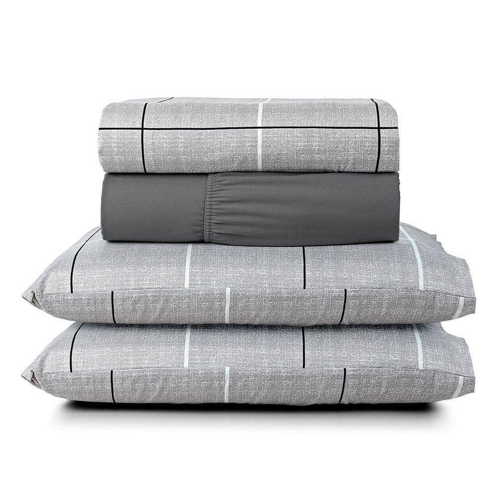 Jogo Cama Lençol Casa Scarpa Celi King Micropercal Estampado 200 Fios 4 Peças Xadrez Grid Cinza - 1