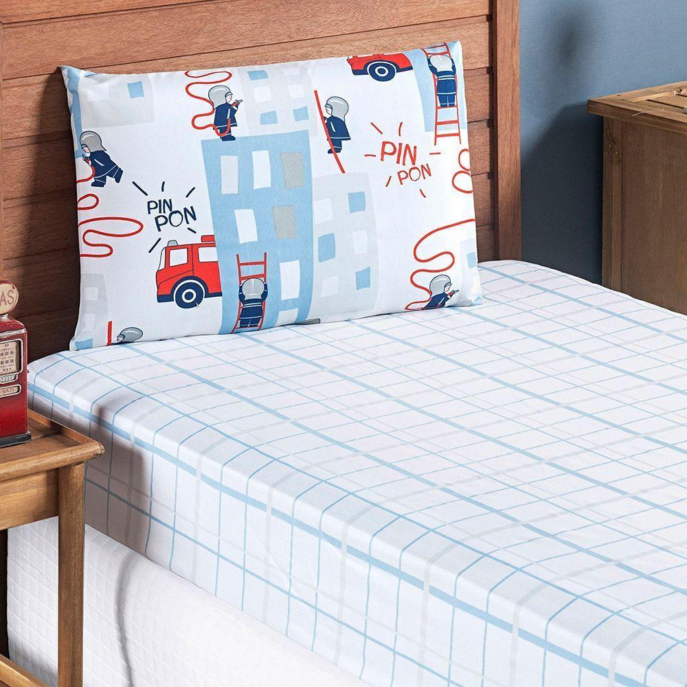 Jogo Cama Lençol Fantasy Solteiro Cama Quarto Infantil Microfibra 2 Peças Bombeiros Branco - 1