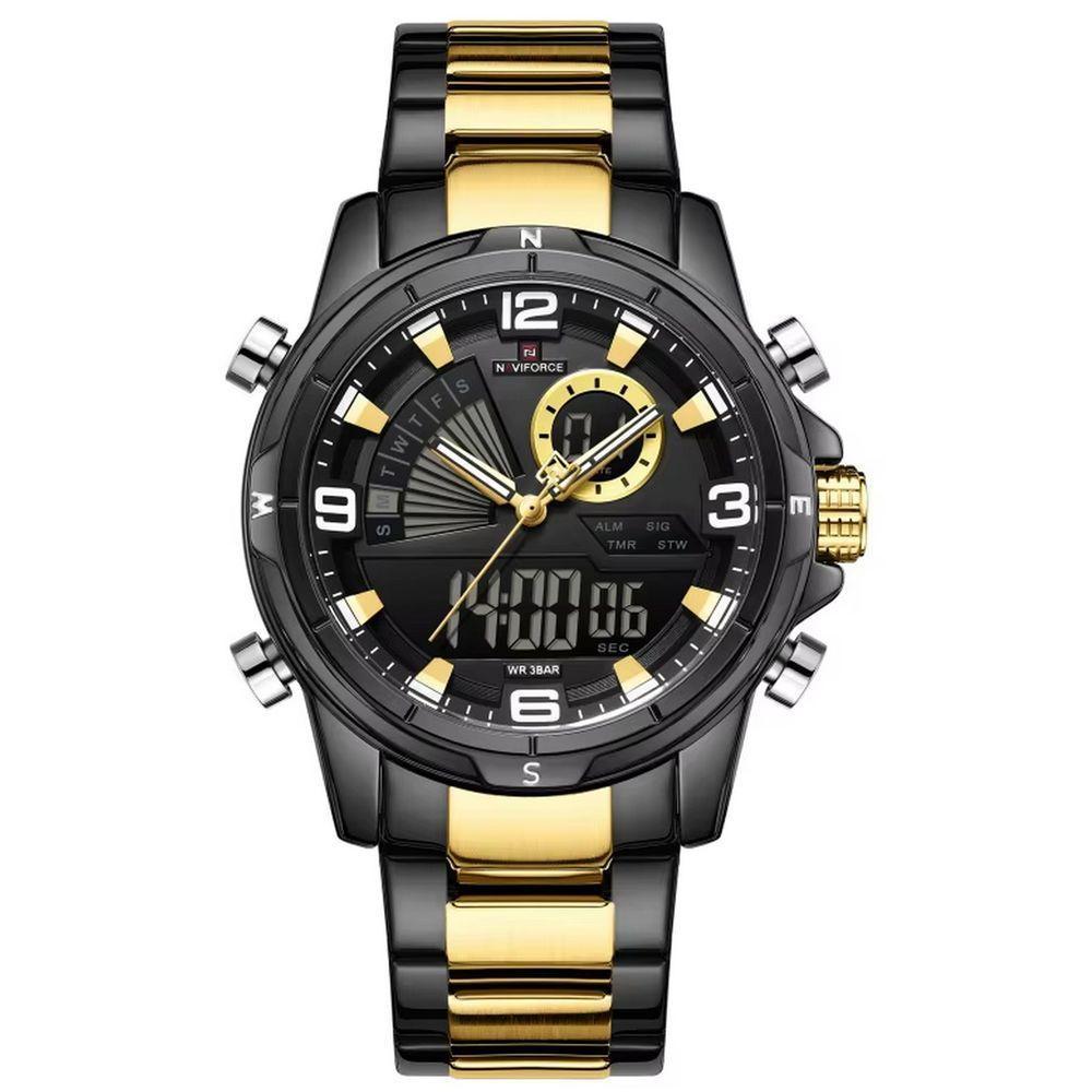 Relógio Masculino Clássico Multifuncional Duplo Display Quartzo Impermeavel Preto Dourado - 1