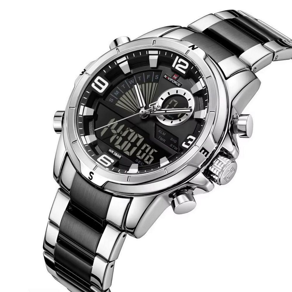 Relógio Masculino Clássico Multifuncional Duplo Display Quartzo Impermeavel Prata Preto - 2