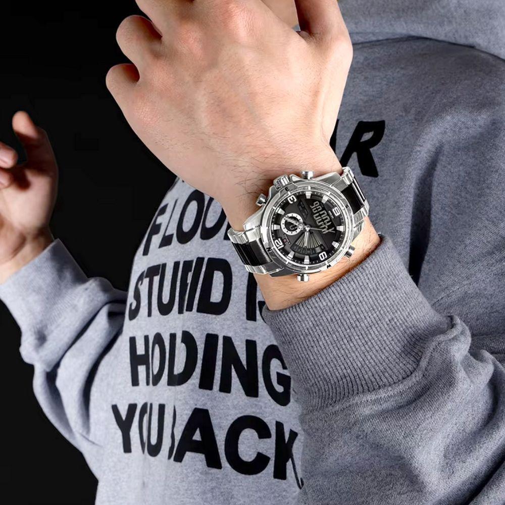 Relógio Masculino Clássico Multifuncional Duplo Display Quartzo Impermeavel Prata Preto - 3