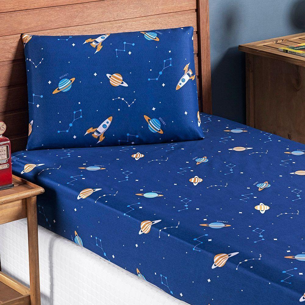 Jogo Cama Lençol Fantasy Solteiro Cama Quarto Infantil Microfibra 2 Peças Galáxia Espaço Azul - 1
