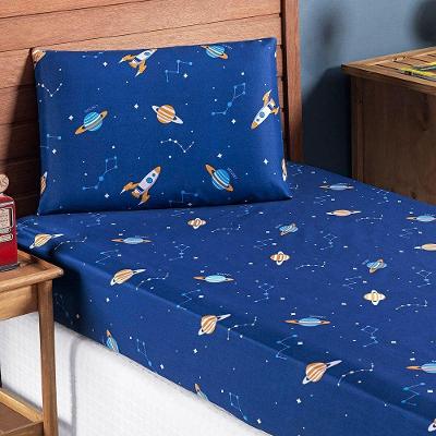 Jogo Cama Lençol Fantasy Solteiro Cama Quarto Infantil Microfibra 2 Peças Galáxia Espaço Azul