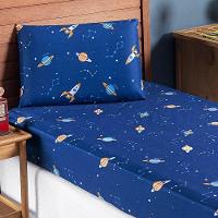 Jogo Cama Lençol Fantasy Solteiro Cama Quarto Infantil Microfibra 2 Peças Galáxia Espaço Azul - 1