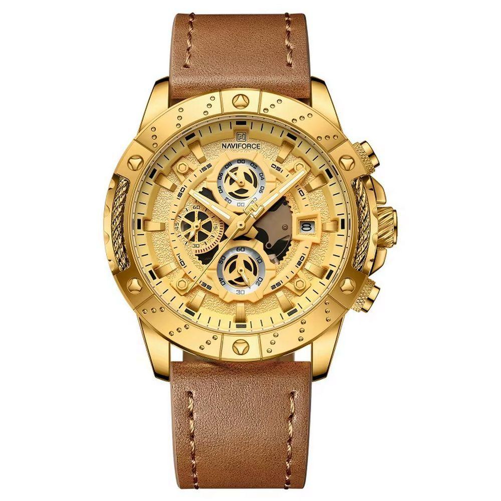 Relógio Masculino Pulseira Couro Genuino Esportivo Quartzo à Prova D´agua Dourado - 1