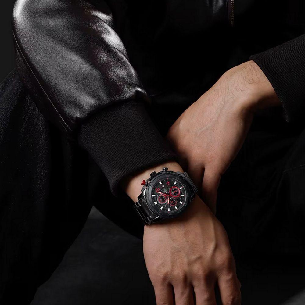 Relógio Masculino De Aço Inoxidável Quartzo Multifuncional Esportivo Impermeavel Vermelho - 3