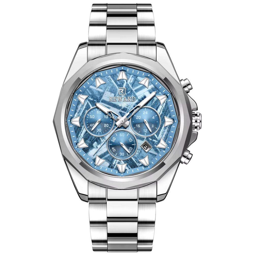 Relógio De Aço Inoxidável Masculino Com Cronógrafo à Prova D´agua Prata Azul - 1