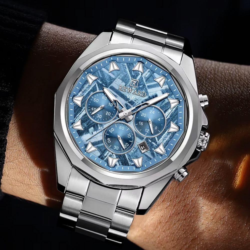 Relógio De Aço Inoxidável Masculino Com Cronógrafo à Prova D´agua Prata Azul - 3