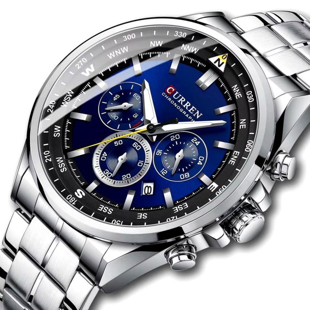 Relógio De Pulso Masculino Aço Inoxidável De Quartzo Casual Esportivo Azul Prata - 2