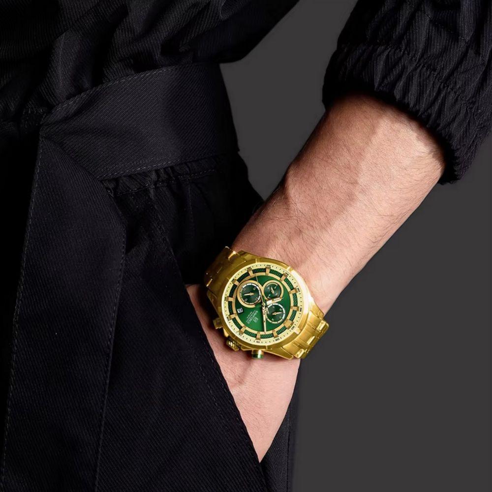 Relógio Masculino De Luxo Negócios Luminoso à Prova D´agua Pulseira Aço Inoxidável Verde Dourado - 3