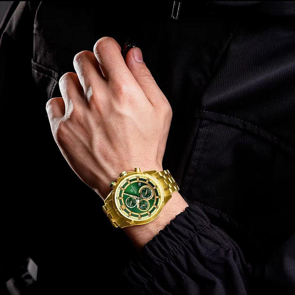 Relógio Masculino De Luxo Negócios Luminoso à Prova D´agua Pulseira Aço Inoxidável Verde Dourado - 4