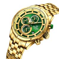 Relógio Masculino De Luxo Negócios Luminoso à Prova D´agua Pulseira Aço Inoxidável Verde Dourado - 2