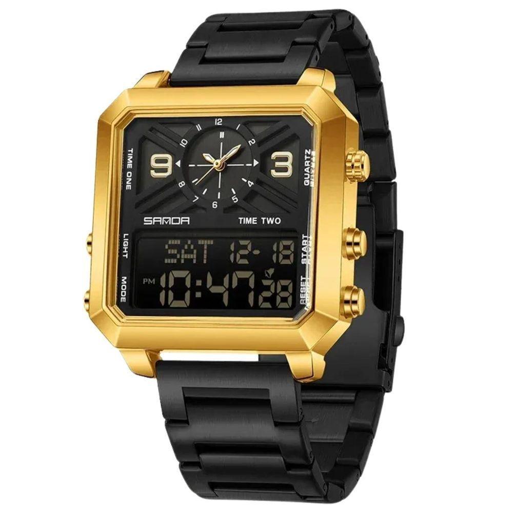 Relógio Quartzo Masculino Aço Inoxidável à Prova D água Led Digital Sanda Amarelo - 1