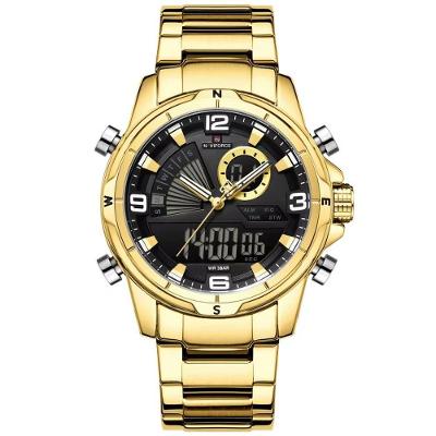 Relógio Masculino Clássico Multifuncional Duplo Display Quartzo Impermeavel Dourado