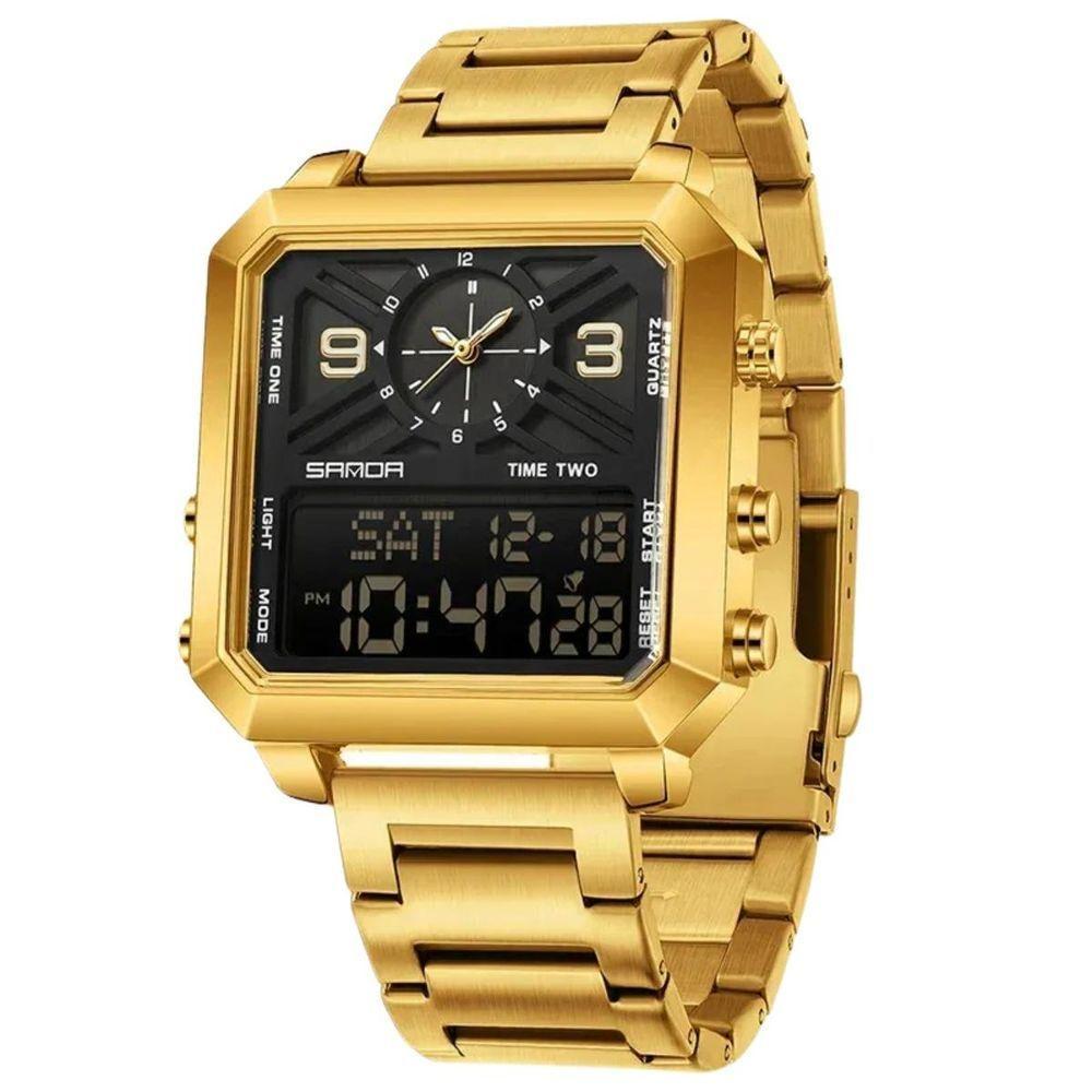 Relógio Quartzo Masculino Aço Inoxidável à Prova D água Led Digital Sanda Dourado - 1
