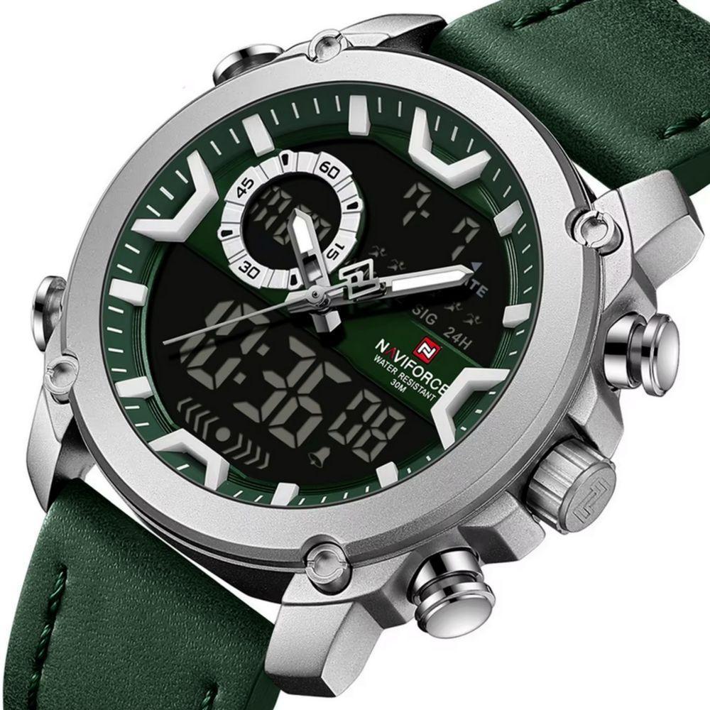 Relógio Esportivo Para Homens Dual Display à Prova D 'água Couro Genuíno Verde - 2