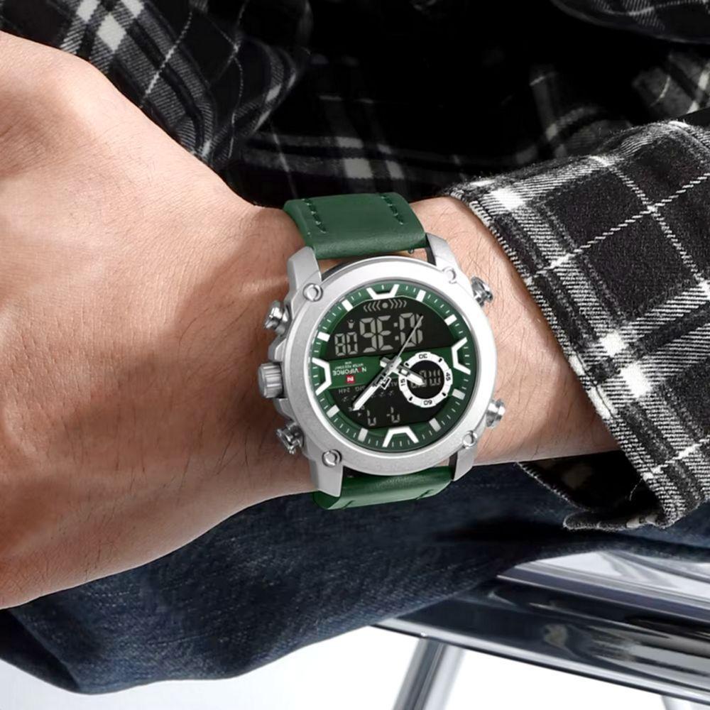 Relógio Esportivo Para Homens Dual Display à Prova D 'água Couro Genuíno Verde - 3