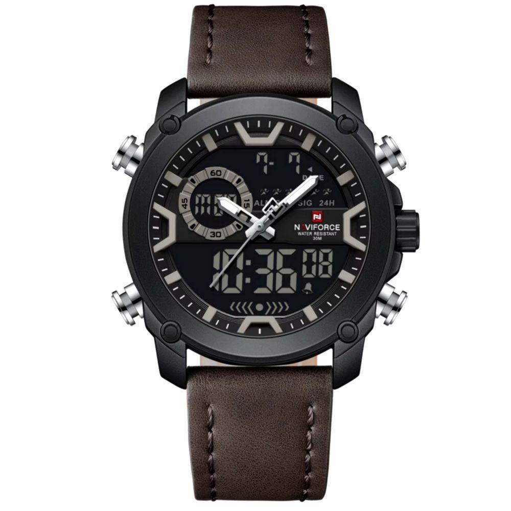 Relógio Esportivo Para Homens Dual Display à Prova D 'água Couro Genuíno Marrom - 1