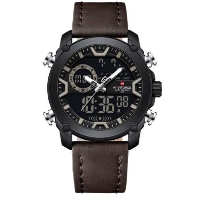Relógio Esportivo Para Homens Dual Display à Prova D 'água Couro Genuíno Marrom