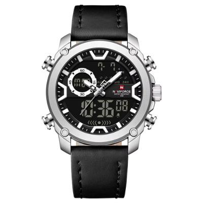 Relógio Esportivo Para Homens Dual Display à Prova D 'água Couro Genuíno Prata