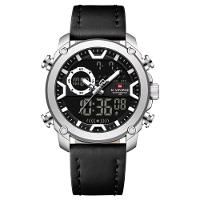 Relógio Esportivo Para Homens Dual Display à Prova D 'água Couro Genuíno Prata - 1