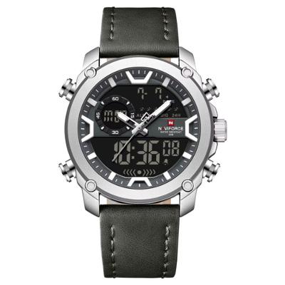 Relógio Esportivo Para Homens Dual Display à Prova D 'água Couro Genuíno Cinza