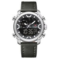 Relógio Esportivo Para Homens Dual Display à Prova D 'água Couro Genuíno Cinza - 1