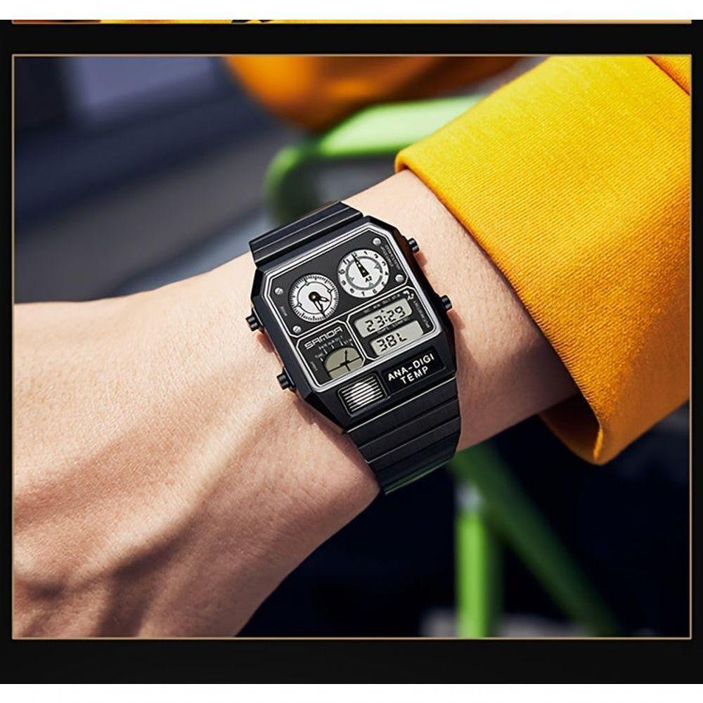 Relógio Eletrônico Com Pulseira De Aço Quadrada, Medição De Temperatura Preto`branco - 3