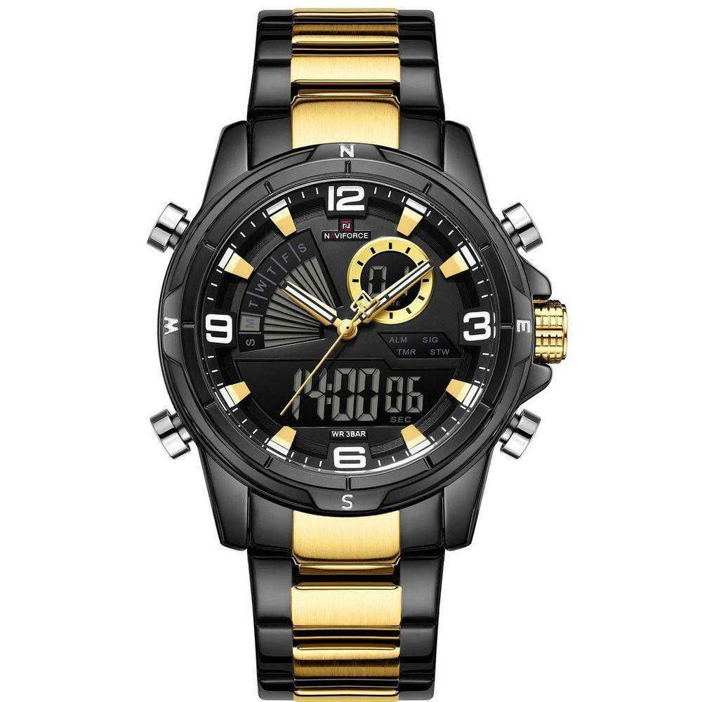 Relógio De Pulso Eletrônico Quartzo Design Luminoso à Prova D´agua Esportivo Preto Dourado - 1