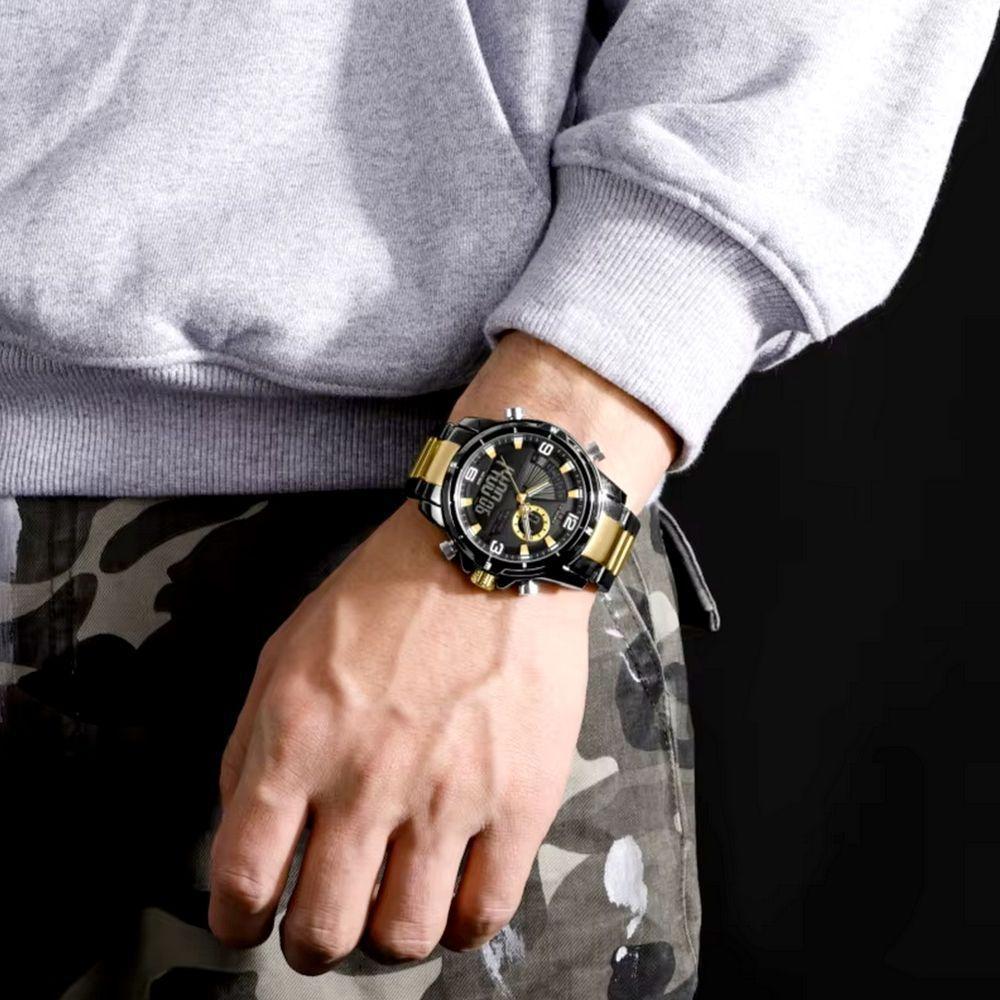 Relógio De Pulso Eletrônico Quartzo Design Luminoso à Prova D´agua Esportivo Preto Dourado - 3