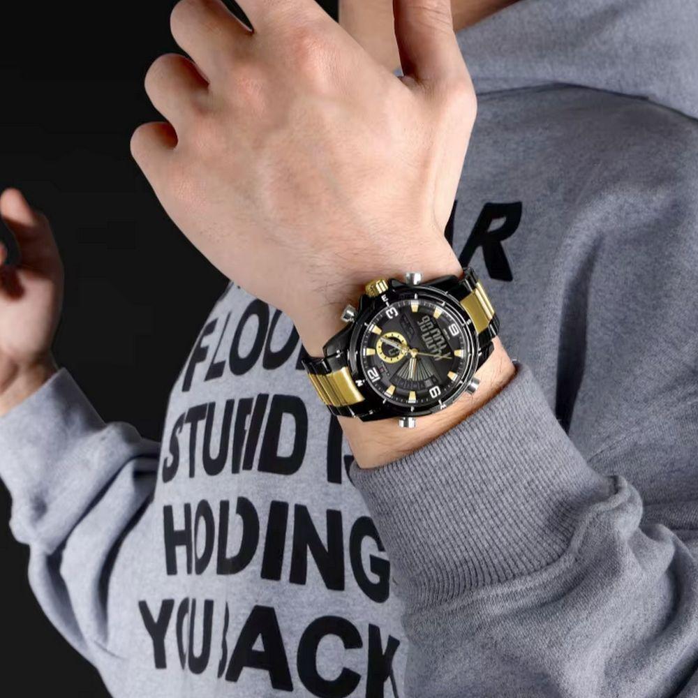 Relógio De Pulso Eletrônico Quartzo Design Luminoso à Prova D´agua Esportivo Preto Dourado - 4