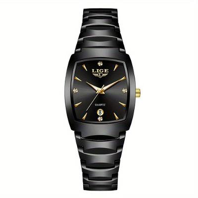 Relógio Lige Quadrado De Moda Com Quartzo Minimalistas Preto Dourado