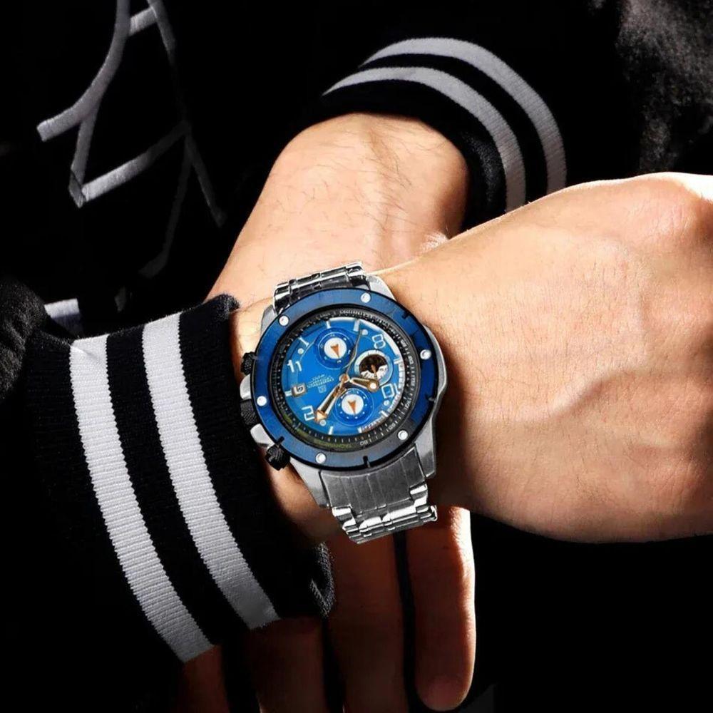 Relógio Militar Impermeável, Cronógrafo, Aço Inoxidável 8056 Azul - 4