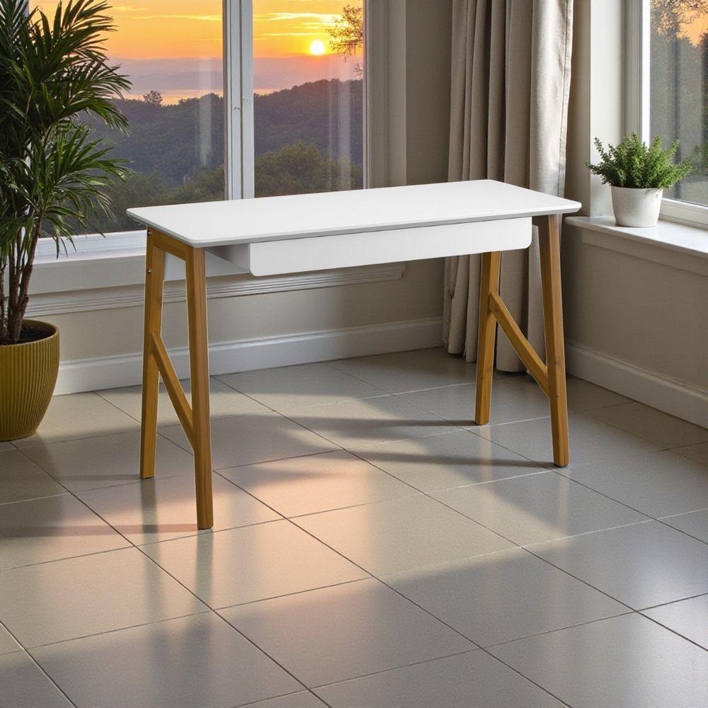 Escrivaninha Taurus 1 Gaveta Mdf Pés Madeira Maciça Mesa De Estudo Aparador Moderno Branco - 4