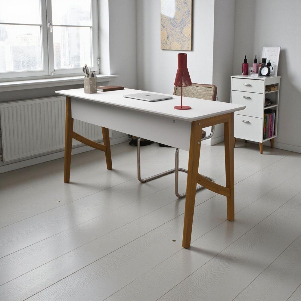 Escrivaninha Taurus 1 Gaveta Mdf Pés Madeira Maciça Mesa De Estudo Aparador Moderno Branco - 5